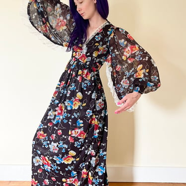 70’s Butterfly Sleeve Black Floral Lace Maxi Dress Prairie Cottagecore Hippie Gunne Sax Style