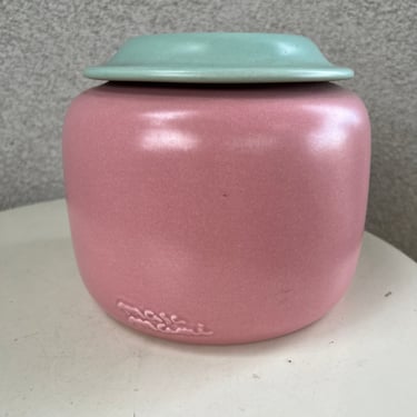 Vintage 80s Art Deco pottery vase pastel pink green by Masa Mami Treasure Craft of Hawaii 