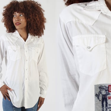 Levis Saw Tooth Pearl Snap Shirt, White 60s Cowboy Western Top, Plain Country Honky Tonk Sanforized 