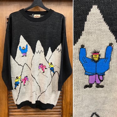 Vintage 1980’s Snow Mountain Climber Pop Art New Wave Sweater, 80’s Embroidery, Vintage Clothing 