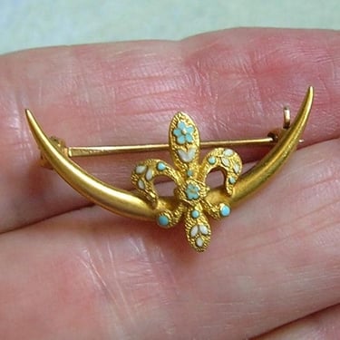 Antique 14K Gold Edwardian Pin With Enamel, Antique Honeymoon Pin, 14K Gold Brooch With Crescent Moon & Fleur de Lis, Edwardian Pin (#4457) 