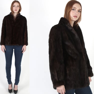 Real Mahogany Mink Fur Jacket / Cropped Dark Brown Mink Coat / Vintage 80s Natural Fur Under Collar Overcoat 