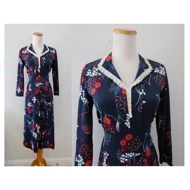 Vintage 60s Floral Dress - Groovy Print Midi Dress - Navy Blue & Red Flower Dress - Size Small Medium 
