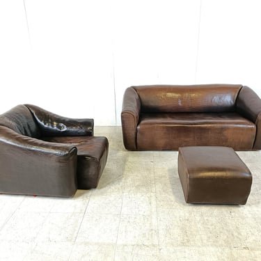 De Sede DS47 sofa set, 1960s - mid century modern leather sofa - vintage leather sofa - cognac leather sofa - extendable sofa 