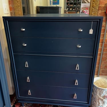 Blue painted 5 drawer mid century chest of drawers. 36” x 19” x 45.5” 