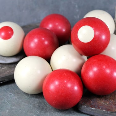 Bumper Pool Balls | Complete Vintage Set 10 of Bumper Pool Balls | Red and White Pool Balls | Polka Dot Pool Balls 