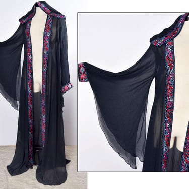 Sheer Long Hooded Gown Robe Abaya Kaftan, Flared Angel Sleeves, Vintage, Embroidered Arabic Trim 