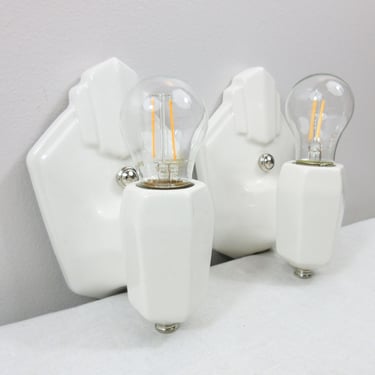 Refurbished Art Deco Wall Sconces for Bath - Pair - 1920's 1930's - Porcelier - Ivory - Rewired for Hard Wire Use 