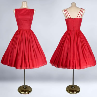 VINTAGE 50s New Look Red Silk Chiffon Party Dress 35B/25W By Jonathan Logan | 1950s Full Sweep Cocktail Dress | VFG 