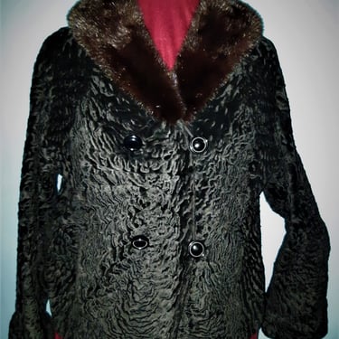 1950's CURLY LAMB JACKET, Hollywood Style Balero Fur Jacket, Vintage Fur with Mink Collar, Wedding Black Fur Jacket,  Outerwear, 