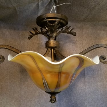 Semi Flush 2 Bulb Ceiling Light with Ruffled Art Glass Shade H15 x W18 x D18