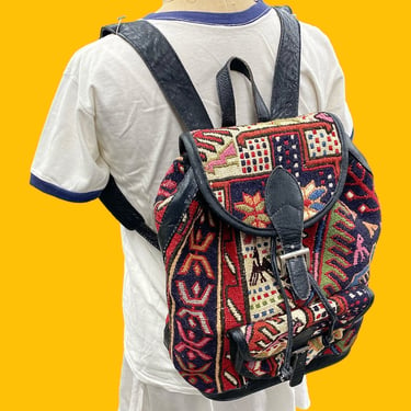 Vintage Kilim Art Backpack Retro 1990s Bohemian + Tapestry Bag + Womens Bookbag + Black Vinyl Adjustable Straps + Made in Turkey + Accessory 