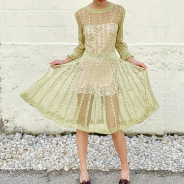 Tea For Two Sage Crochet Knit Doily Dress