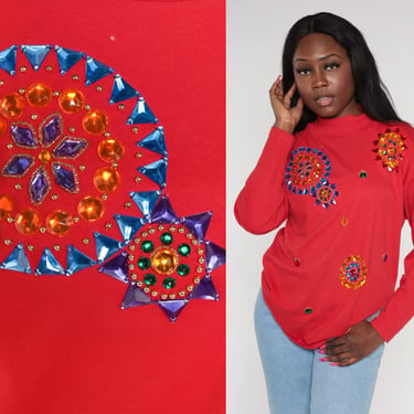 Rhinestone Shirt 90s Red Jewel Top Long Sleeve Crystal Bedazzled Mandala TShirt Retro Mock Neck Sparkly Blouse Vintage 1990s Small S 