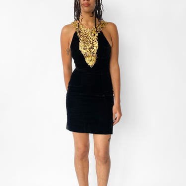 1980s Black Dress with Gold Details, sz. XS/S