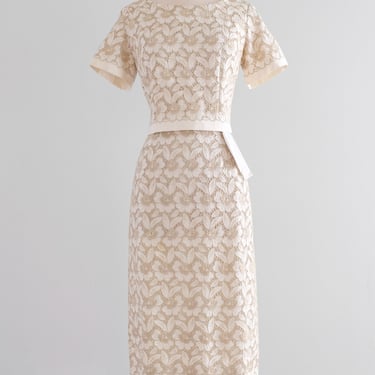 Vintage 1960's Ivory & Beige Floral Embroidered Linen Eyelet Dress / M