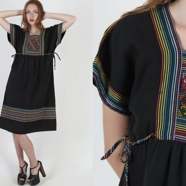 Ethnic Embroidered Guatemalan Dress / Vintage 70s Black Cotton Mexican Dress / Bright Rainbow Striped / BellSleeve Mini Dress 