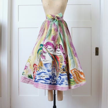vintage 1950s hand painted Mexican circle skirt • leaping sword fish & volcano tiki tropical full cotton skirt 