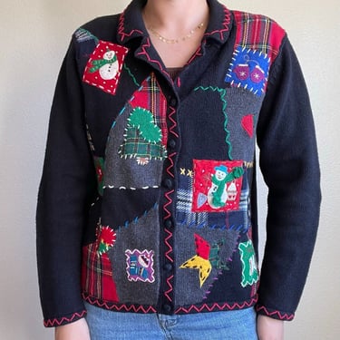 Vintage 90s Womens Ugly Christmas Theme Hand Embroidered Cardigan Sweater Sz L 