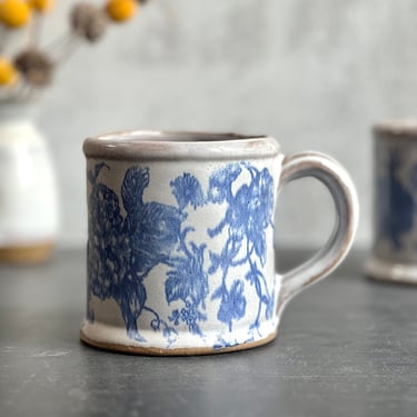 handmade blue floral ceramic mug, large stoneware pottery coffee mug 