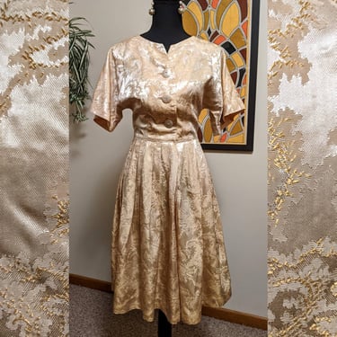 Vintage 1950s Gold Champagne Pleated Cropped Jumpsuit 