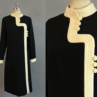 1960s Donald Brooks Dress / 1960s Sheath Dress / Black and Ivory Wool Crepe  Dress by Donald Brooks / B & W Dress / Mod Dress / Size Large 