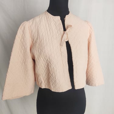 Vintage 30s 40s Pink Bed Jacket // Tie Front Quilted Jacket with Pocket 