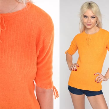 70s Sweater Top Orange Angora Wool Knit Shirt Short Sleeve Sweater Seventies Fall Blouse Retro Basic Plain Knitwear Vintage 1970s Small 