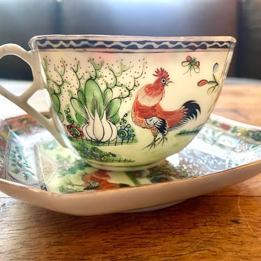 Antique Chinese Famille Verte Square Rooster Teacup & Saucer Set | Late 1800s 