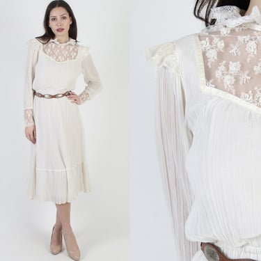 Off White Sheer Lace Dress / Floral Solid Color Country High Collar Dress / Prairie Style Long Sleeve Gauze Midi Dress 