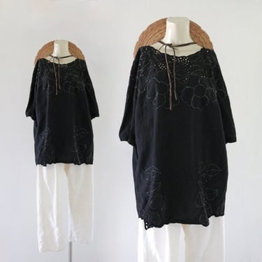 embroidered cutwork top - xl - vintage 90s black womens embroidered short sleeve blouse shirt extra large 