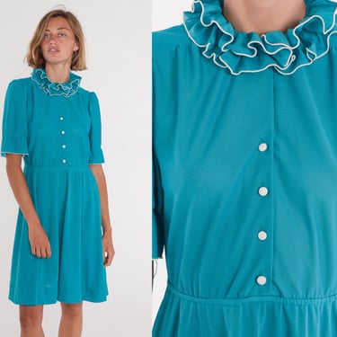 Ruffled Mini Dress 70s Teal Shirtwaist Dress High Neck Ruffle Collar Button up Short Sleeve High Waisted Blue Green Vintage 1970s Medium M 