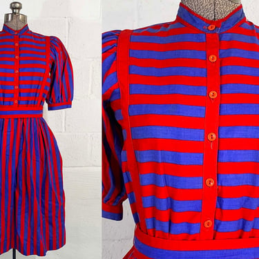Vintage Lanz Originals Dress Red Blue Stripes Indie Boho Fit and Flare Short Sleeve Small XS 1980s 