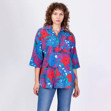 XL 90s Tropical Floral Cotton Shirt | Vintage Blue Purple Button Up Half Sleeve Collared Hawaiian Aloha Top 