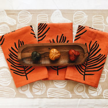 linen napkin set. orange palm leaf. hand block printed / placemats / tea towel. boho decor. southwest summer. reusable ecofriendly. 