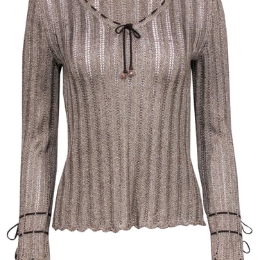 St. John - Beige Metallic Sweater w/ Beaded Lace-Up Details Sz P