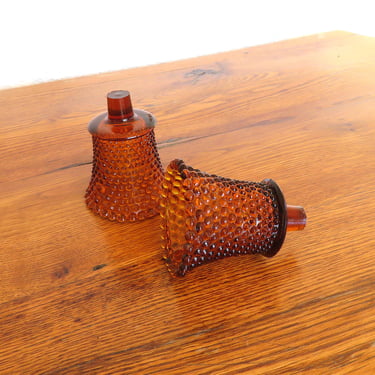 Vintage Glass Peg Votive Candle Holder Inserts Set of 2 Convert Taper Thousand Eye Hobnail Pattern Amber 