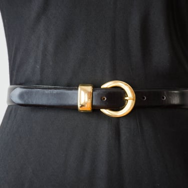 black leather belt | 80s 90s Jacqueline Ferrar skinny black vintage belt shiny gold buckle 
