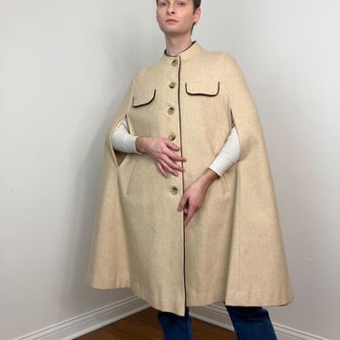 60s Wool oatmeal cape with brown velvet trim 