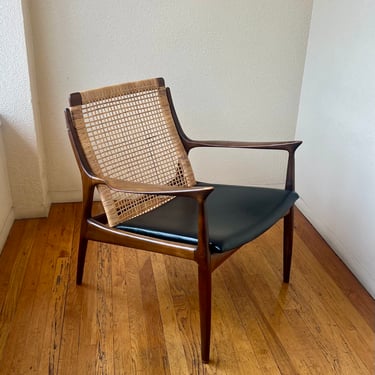 Ib Kofod Larsen Walnut Cane Back Midcentury Danish Lounge Armchair