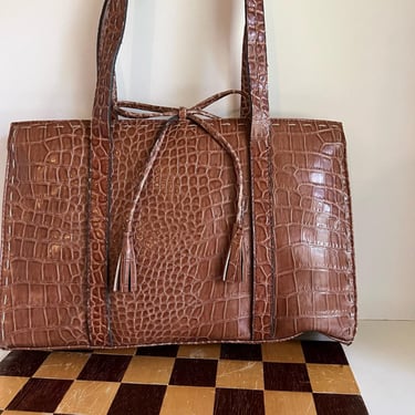 Vintage 90s Liz Claiborne Brown Snake Leather Bow Detail Shoulder Bag 