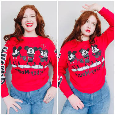 1990s Vintage Mickey Mouse Red Sweatshirt / 90s / Nineties Cotton Knit Soft Disney Top / Size Medium - Large 