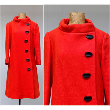 Vintage 1960s Lilli Ann Ultra-Mod Coat, Swingin' 60s Bright Orange-Red Wool A Line Topcoat with Asymmetrical Closure, Medium 38" Bust 