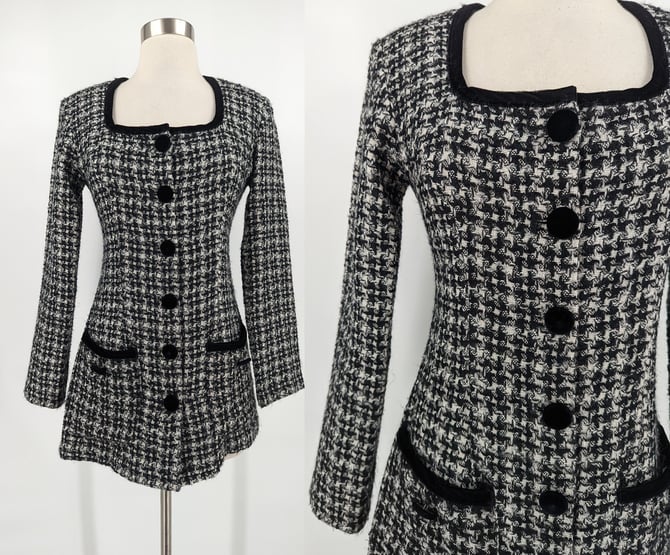 Vintage 90s Rampage Black White Tweed Plaid Fitted Long Sleeve Button Front Top - Nineties Small / XS Clueless Style 