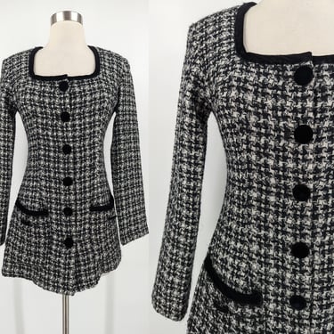 Vintage 90s Rampage Black White Tweed Plaid Fitted Long Sleeve Button Front Top - Nineties Small / XS Clueless Style 