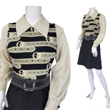 1970's Trompe L'oeil Belt Novelty Print Beige Black Dress I Sz Med I The Collection 