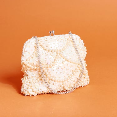 60s White Pearl Sequin Evening Handle Purse Vintage Beaded Coin Purse Clutch 