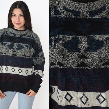 Geometric Sweater 90s Jacquard Pullover Knit Sweater Black Grey Blue Grunge Jumper Statement Pattern Acrylic Vintage 1990s Medium 