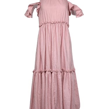 Cinq a Sept - Pink Ruffled Midi Dress w/ Contrast Striped Stitching Sz 6