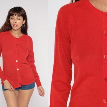 Red Cardigan Sweater 70s Raglan Sleeve Sweater Button Up Grandma Sweater Boho Vintage 1970s Retro Bohemian Plain Thin Lightweight Small 